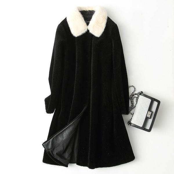 

real fur coat mink fur collar wool jacket autumn winter coat women clothes 2020 korean vintage sheep shearling suede lining 3521, Black