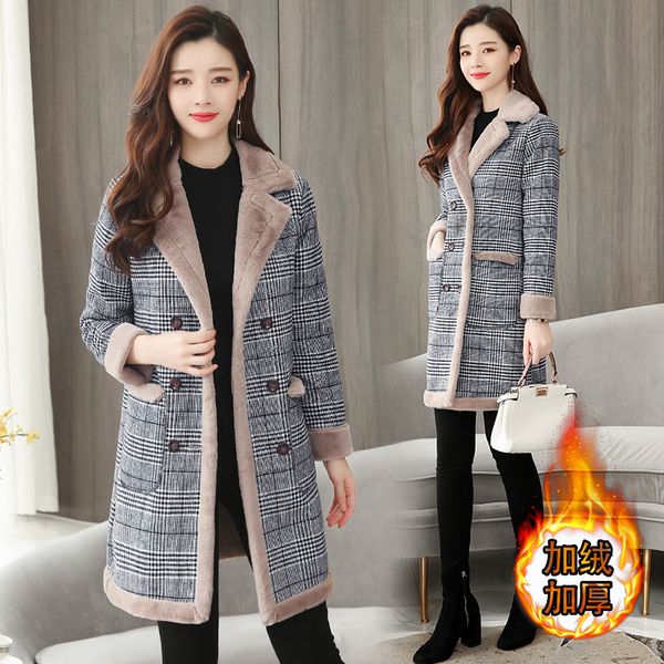 

real slamb fur coat female middle section korean version 2019 winter new thickening plus velvet lattice to keep warm, Black;brown
