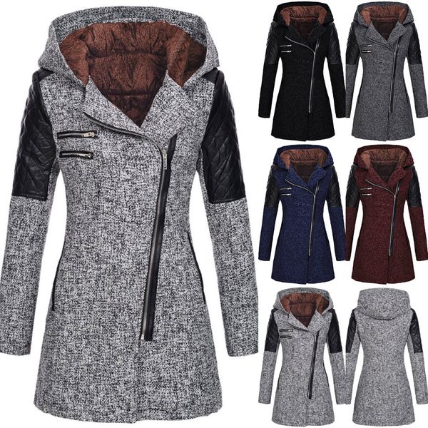 

women's coat autumn new mid-length hooded loose diagonal zip woolen trench coat jacket plush cotton jacket, Black