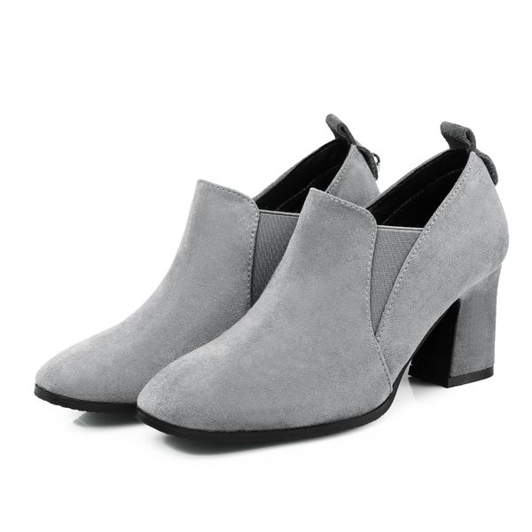 

new high-heeled 7cm work shoes fashion wild square head female black gray suede thick heel sleeve elastic band deep mouth women shoes