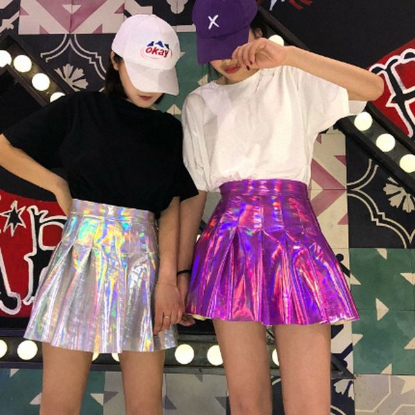 

holographic high waist women silver punk shiny harajuku mini skirt, Black