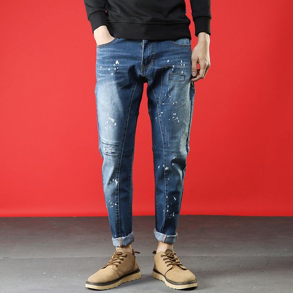 

jeans men 2019 new brand fashion solid slim fit retro hole print spray paint loose straight denim pants plus size, Blue