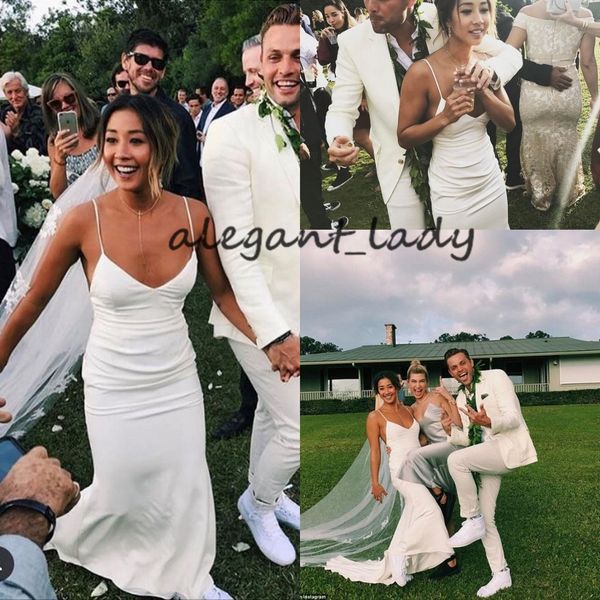 

simple design beach mermaid wedding dresses 2019 spaghetti backless stain summer holiday party kelia moniz wedding gown, White