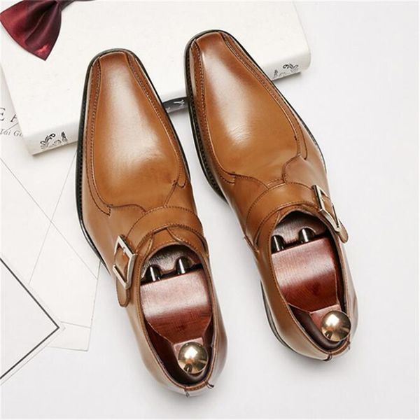 

new luxury 2019 genuine leather new business dress casual monk shoes buckle strap gentleman wedding shoes, Black