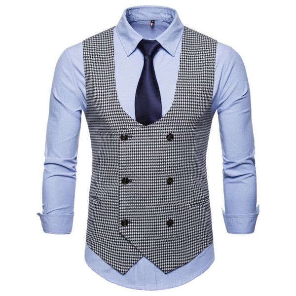 

new arrival men's clothes classic formal business slim fit chain vest suit plaid print male tuxedo waistcoat men vest coat hot, Black;white