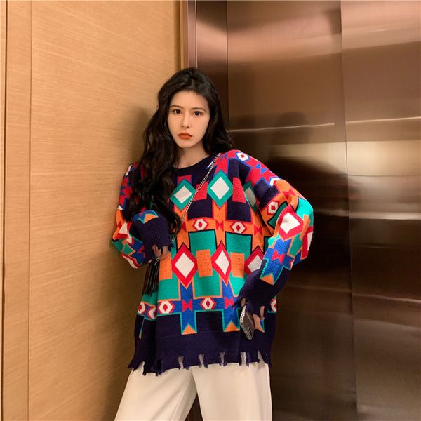 

fashion knitted irregular splice geometric sweater women pullovers long sleeve crew neck winter clothes women leisure, White;black