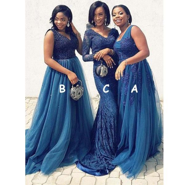 

gorgeous pretty lace wedding party royal blue a line long bridesmaid dresses different styles plus size long sleeve abiti da cerimonia, White;pink