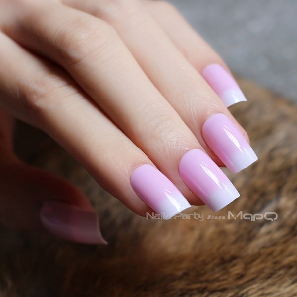 

fake nails pink natural texture 24pcs full sets glossy false nails french translucent nude long square easy to wear ship, Red;gold