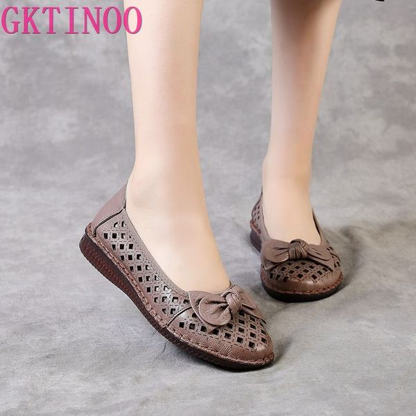 

gktinoo genuine leather ladies flat summer shoes woman slip on casual loafers with flowers round toe soft comfort sandals female, Black