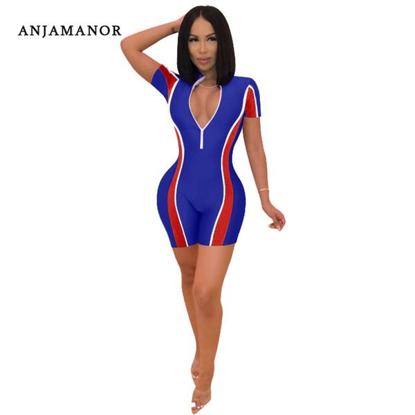 

anjamanor 2019 summer front zipper color block bodycon rompers playsuits women clubwear jumpsuit short street style d53ab74, Black;white