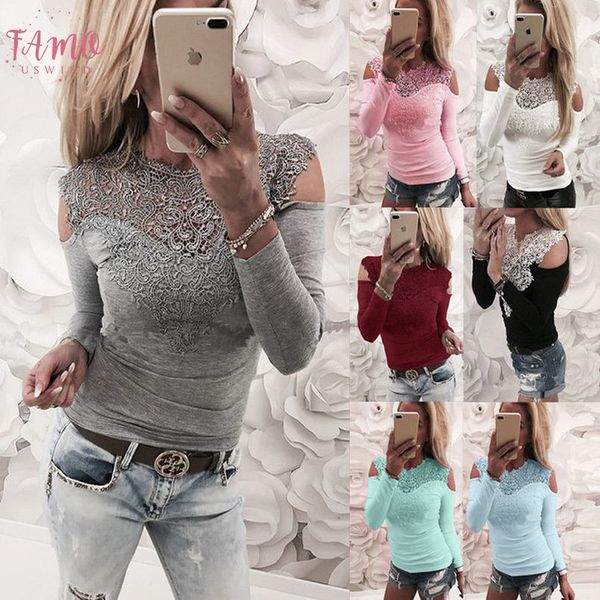 

shirt new women solid lace shoulder long sleeve slim blouse shirts 2020 elegant shirt female clothes, White