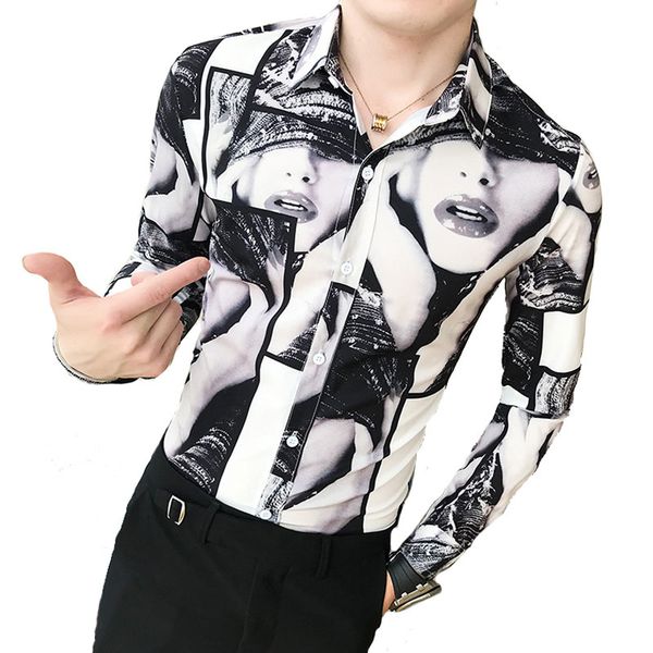 

trend flower shirt 2019 long sleeve floral casual shirt social club party baroque chemiise homme stretch male slim, White;black