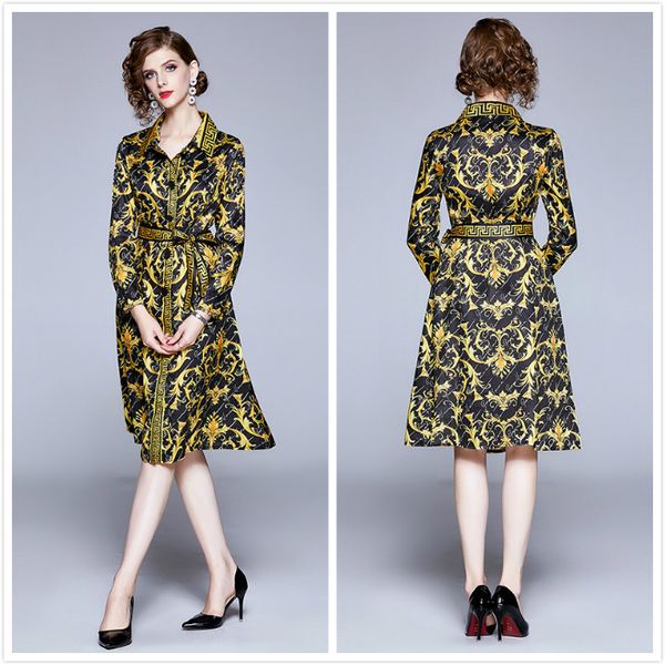 

2020 luxury vintage elegant designer dress women long sleeve lapel neck plus size ladies baroque print dress slim runway office a-line dress, Black;gray