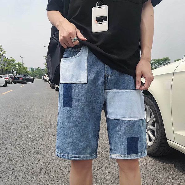 

ультрамодного мужского лето 2020 патч denim шорты корейской сыпучие прямой укороченные брюки harajuku стиль модная тонкие короткие штаны, Blue