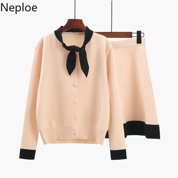 

neploe women elegant knitting outfits bow tie sweater coat + mini skirt fashion hit color autumn winter jumper sets 56303, White
