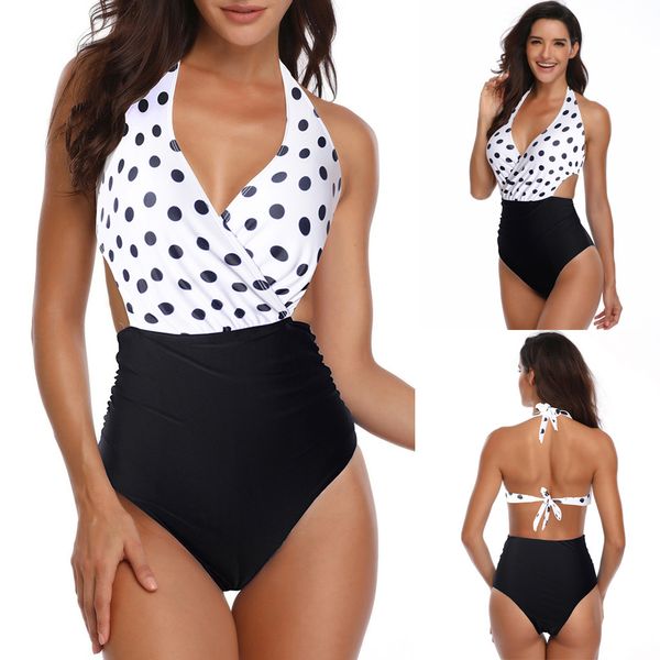 

2019 female retro v neck blue striped swimsuit one piece ruffled push up padded high waist swimwear women monokini, White;black