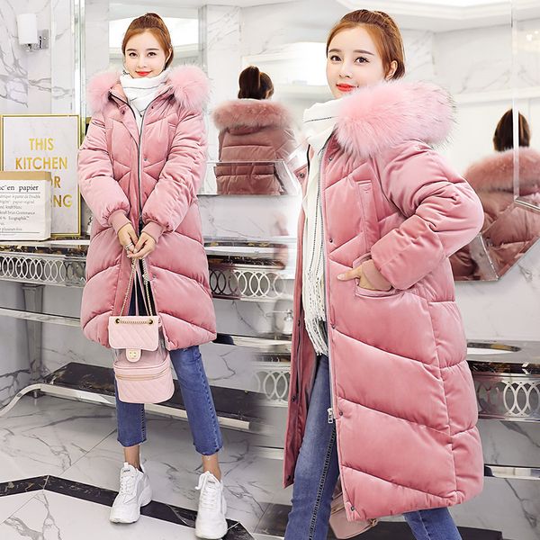 

fashion-olgitum winter women gold velvet female jacket for women slim hooded coat long parka big fur collar thick warm women outwearmx190822, Black