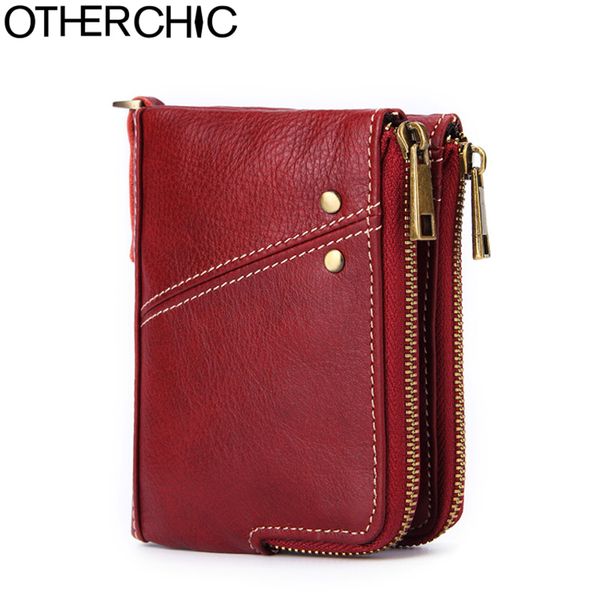 

otherchic double zip fashion short wallet women genuine cowhide leather purse female wallets portefeuille money clip 8n12-21, Red;black