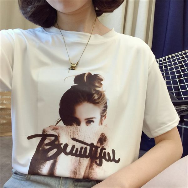 

2020 loose short-sleeved female slim t-shirt slim half-sleeved pullover t-shirt pullover student all-match, White