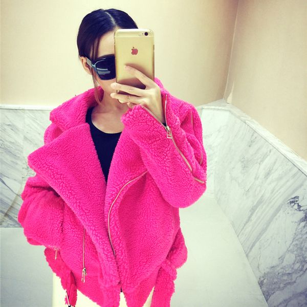

winter korean women new large lapel turn down collar zipper imitation fur lamb with cotton jacket parkas fashion streetwear 2019, Black
