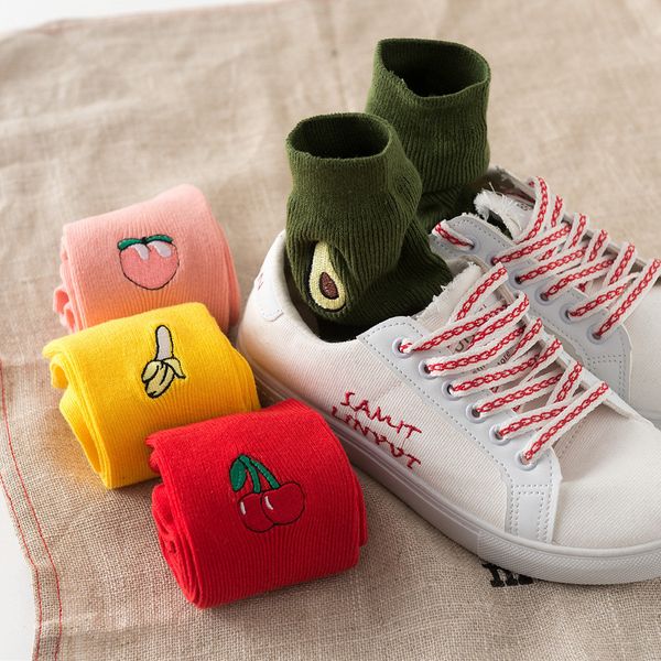 

autumn winter cute fruit pattern embroidery socks funny cotton sock for women men breathable comfortable kawaii fruit stockings, Black