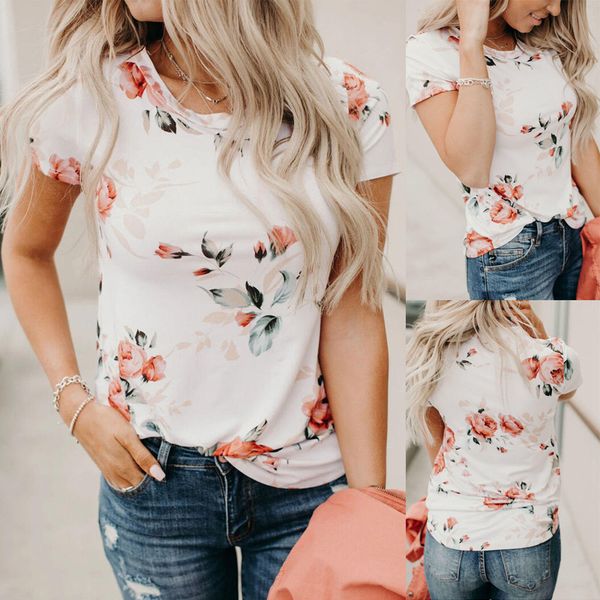 

popular flower digital print round neck short sleeve t-shirt, White