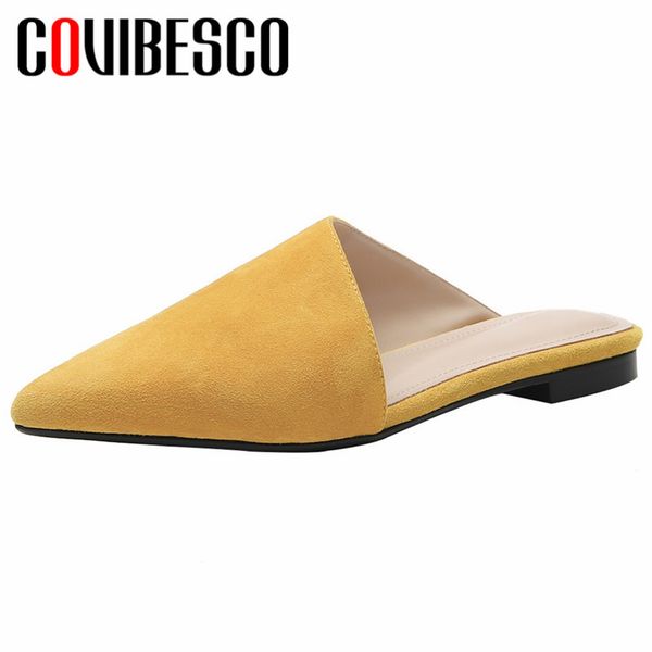

covibesco 2019 summer new fashion concise pointed toe slip on women flats classic genuine leather mules women sandals slippers, Black