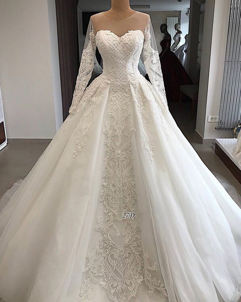 

charming lace wedding dresses long sleeves sheer neck applique beaded vintage court train bridal gowns custom made, White