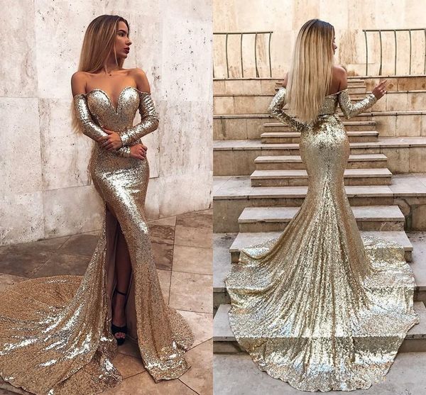 

горячая блестящие русалка пром платья с длинным рукавом 2019 с плеча bling bling блестки труба развертки поезд коктейль вечернее платье, Black