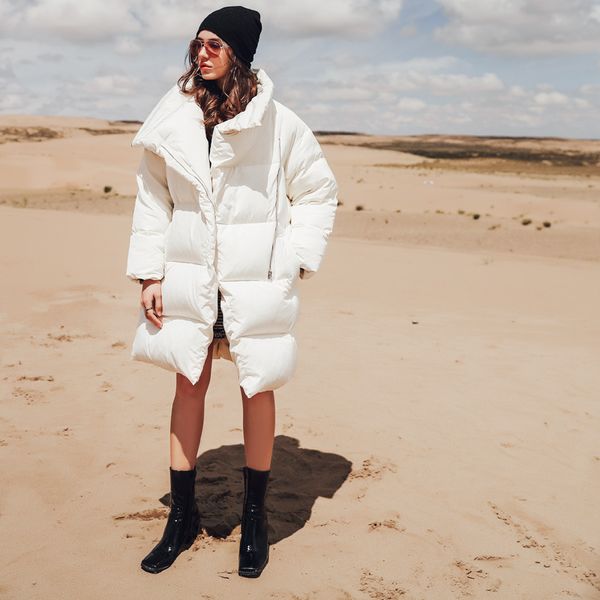 

womens parkas loose fit down zipper pocket white jacket new stand long sleeve warm women parkas fashion style autumn winter 2019, Black