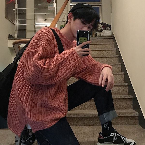 

2018 winter harbor wind oversize mohair толстый пуловер свитер толстая шерсть свободные большой размер свитер линия черный / розовый -xl, White;black