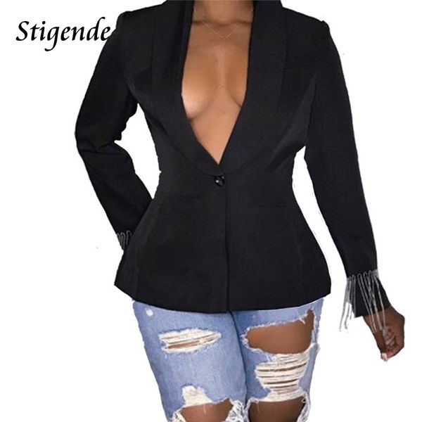 

stigende women high split tassels button blazer clubwear solid color blazers and jackets long sleeve elegant party blazers, White;black