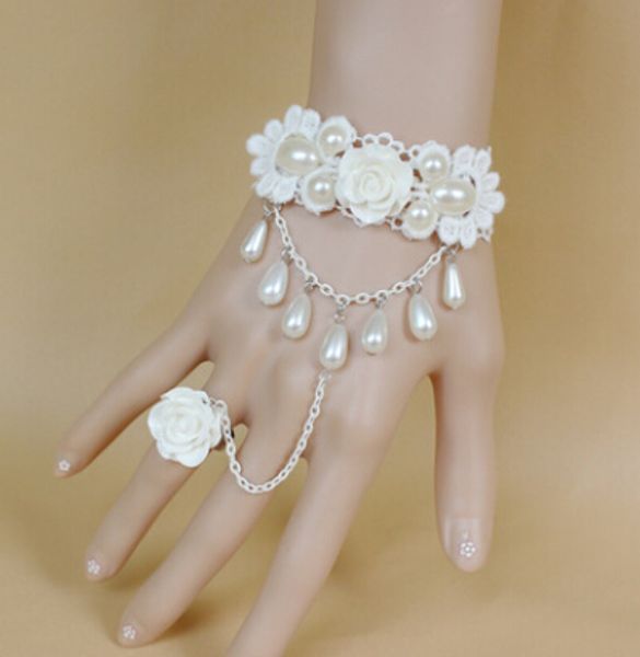 

fashion jewelry wedding accessories princess white lace bracelet rose pearl charm bracelet with ring fashion classic elegant bangle, Golden;silver