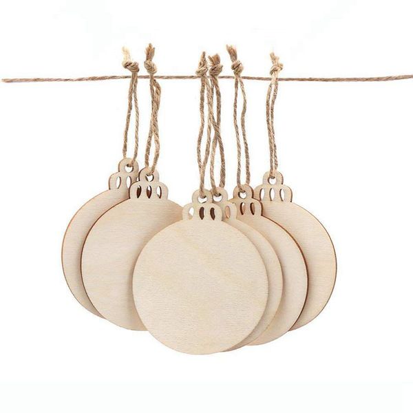 

50pcs diy craft wooden round bauble with 50pcs twines to paint, unfinished christmas hanging ornaments natural blank wood discs