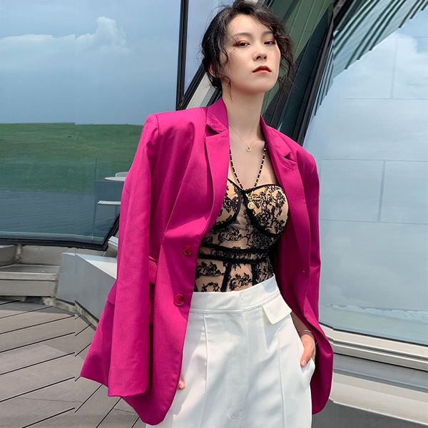 

rose red waist folds blazer women office ladies casual single breasted notched long sleeve solid fashion work jacket blazer 2020, White;black