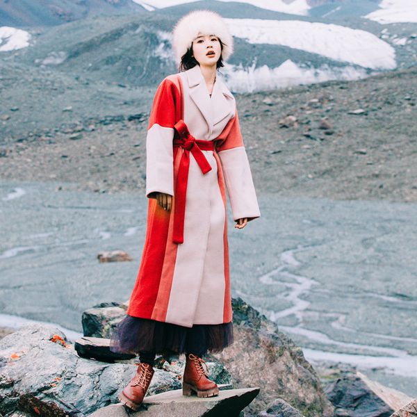 

oversize women outerwear 2019 runway autumn winter wool patchwork bow casual turn down collar loose wool coat, Black