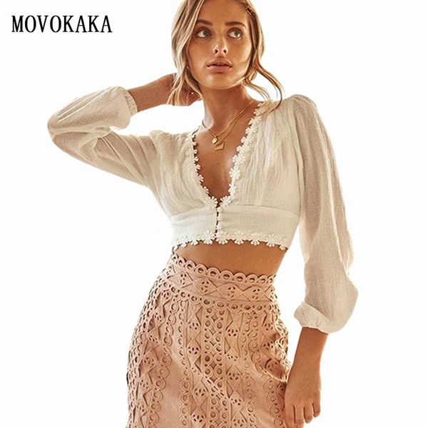 

fashion women blouses 2020 women blouse v-neck blouse long sleeve crop summer single breasted top, White