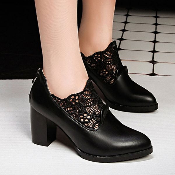 

women square heel shoes lace mouth single boots high heels ladies large size women boots waterproof snow winter shoes, Black