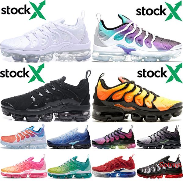 

stock x tn plus triple black white men running shoes bumblebee sunset violet rainbow grape women mens trainer fashion sports sneaker runners
