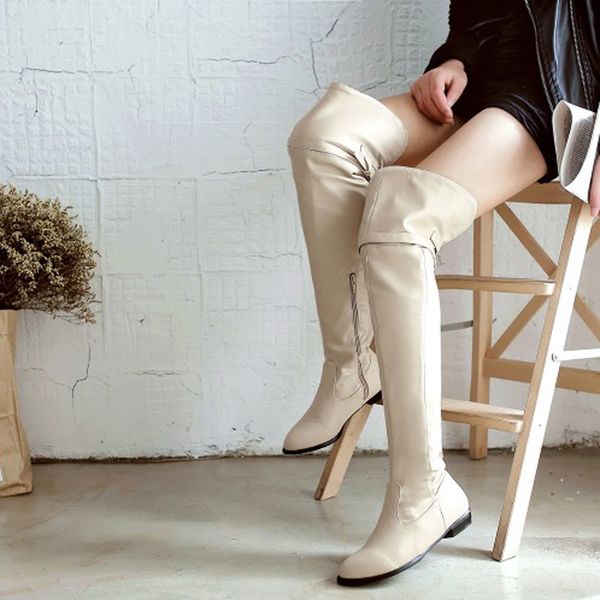 

fashion knee high boots women's winter boots low heels long round slip on spring autumn shoes woman black beige brown