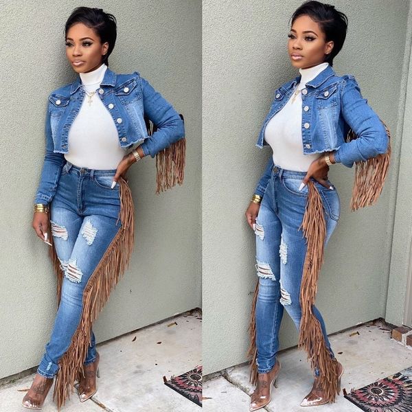 

womens designer l8114 washed pants suit denim suit, White