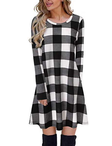 

blooming jelly women's plaid swing dress long sleeve round neck tunic mini dress, Black;gray