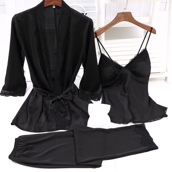 

2019 luxury women's three-pieces bathrobe + long pants pajamas sets with chest padded slim body nightwear lingerie set size xxl, Blue;gray