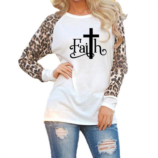 

new arrival leopard print long sleeve t-shirt t-shirt for women faith letters plus size women femme summer cotton, White