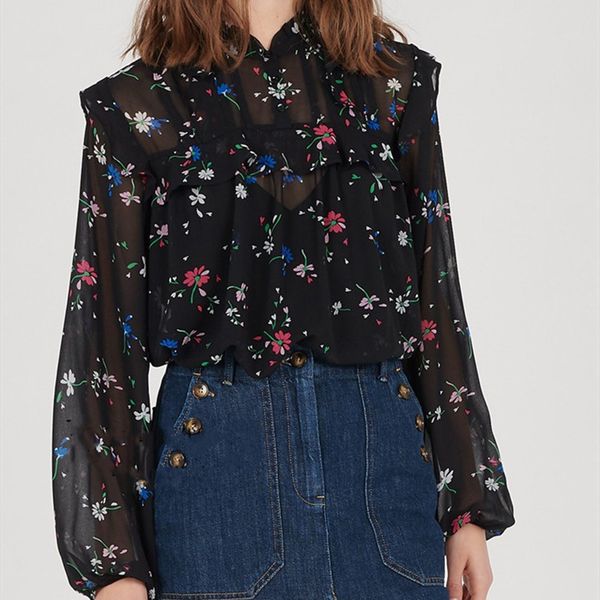 

women floral ruffled blouse casual two pieces puff sleeve chiffon shirt, White