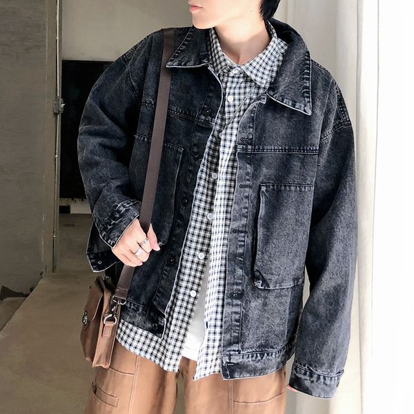 

autumn new denim jacket men fashion wash retro casual big pocket denim jacket man streetwear hip hop loose bomber m-2xl, Black;brown