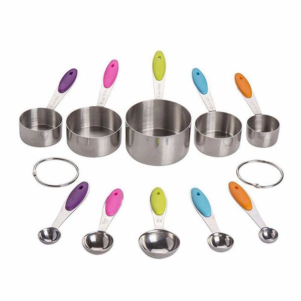 

10 pcs professional grade spoons set and stainless steel measuring cups with soft silicone handles for easy grip other kitchen tools