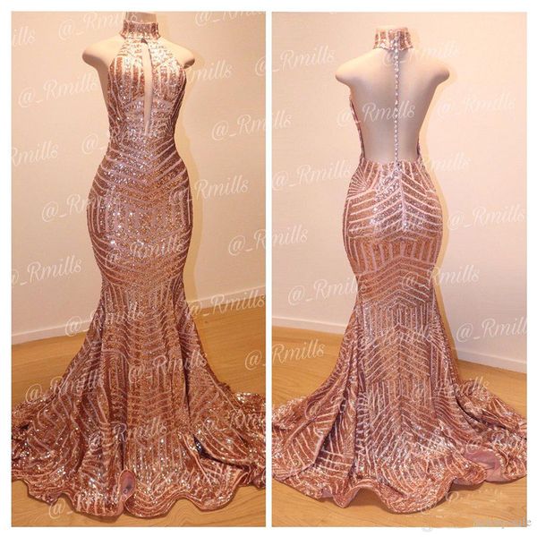

Bling Bling Rose Gold Mermaid Prom Dresses Sexy Backless High Jewel Neck Backless Formal Dress Evening Gowns Cheap robe vestidos de fiesta