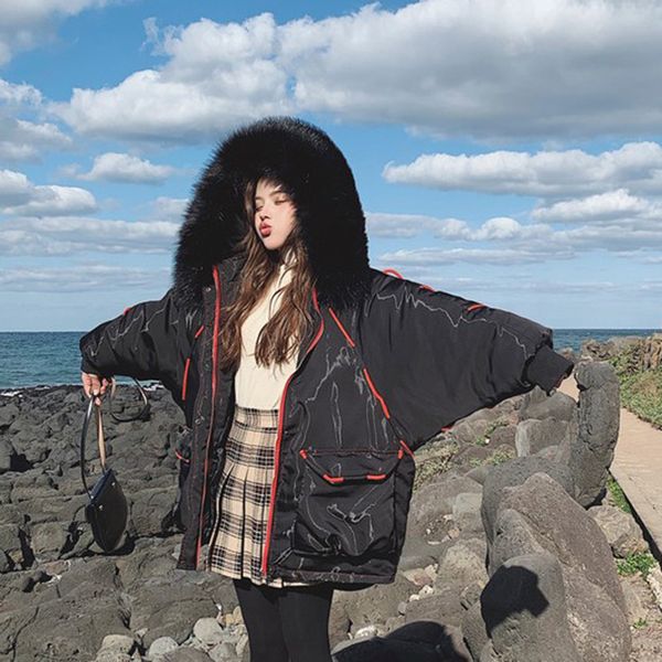 

winter warm hooded big fur collar women cotton coat 2019 new large size women cotton coat outerwear parkas ko375, Black