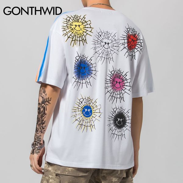 

gonthwid smile faces rainbow print short sleeve tshirts streetwear hip hop harajuku casual short sleeve tees shirts men, White;black